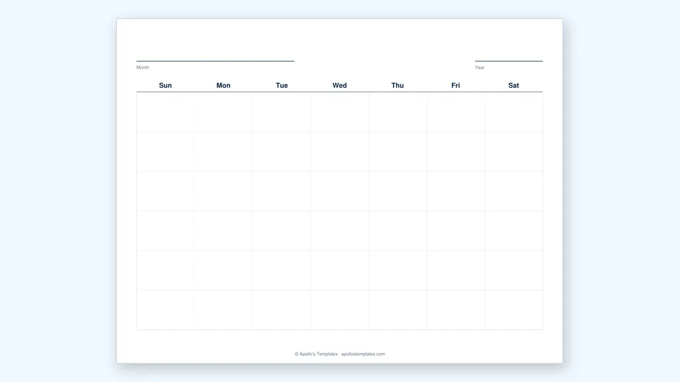 Blank monthly calendar grid with day-of-week labels and no dates, reusable for any month