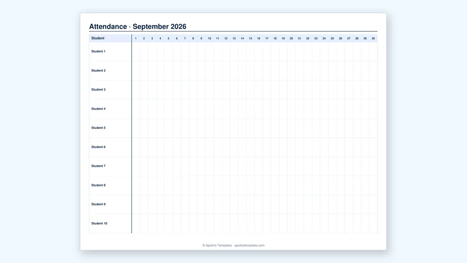 Monthly classroom attendance sheet with a row per student and a column per school day