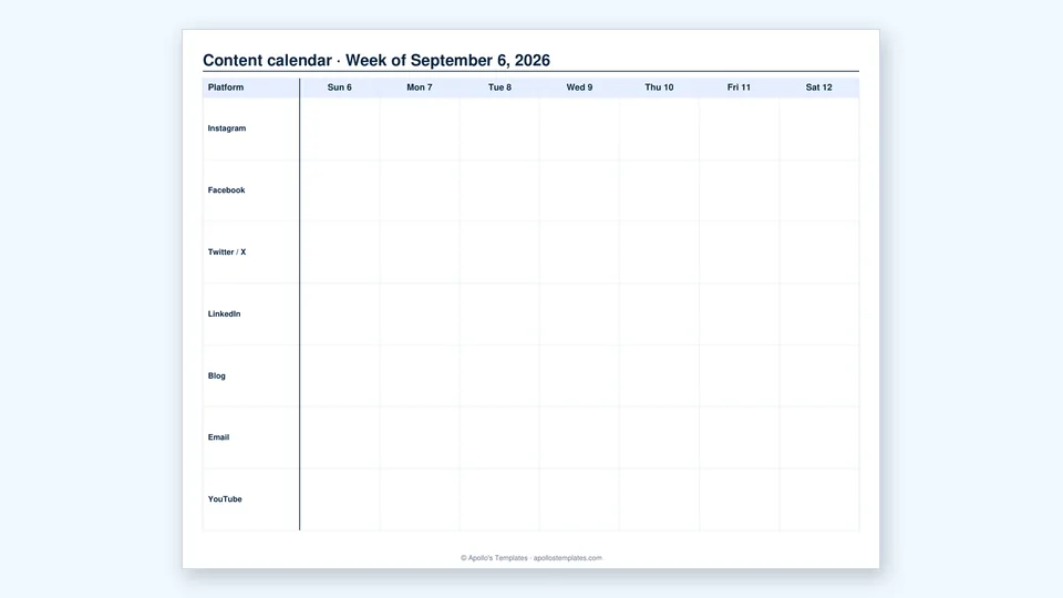 Weekly social media content calendar with one row per platform and a column per day