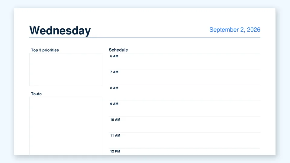 Daily planner page with an hourly time-block column, top-three priorities and a to-do list