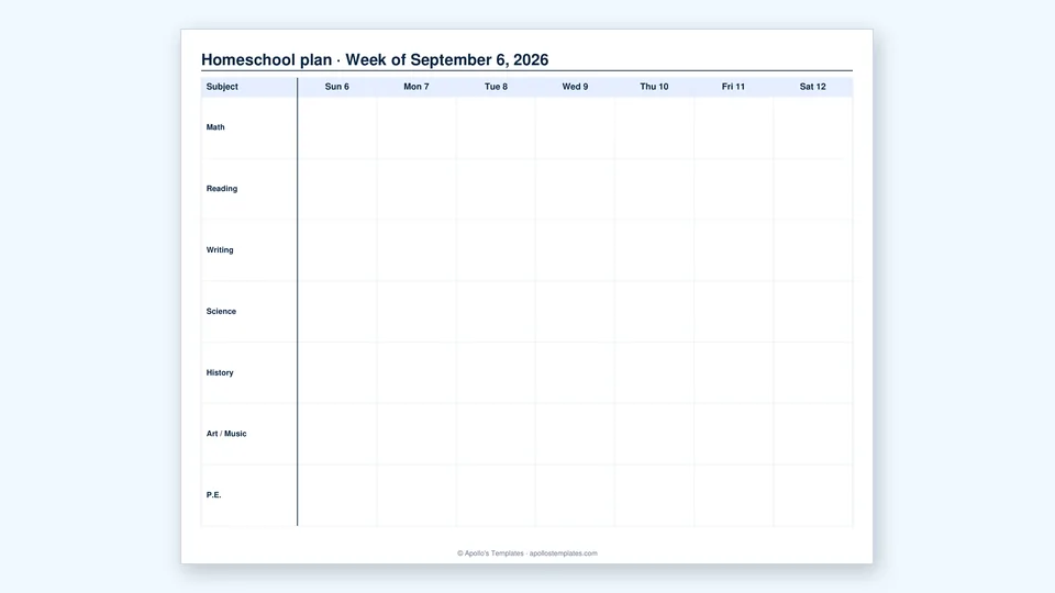 Homeschool weekly planner with subject rows and day-of-week columns