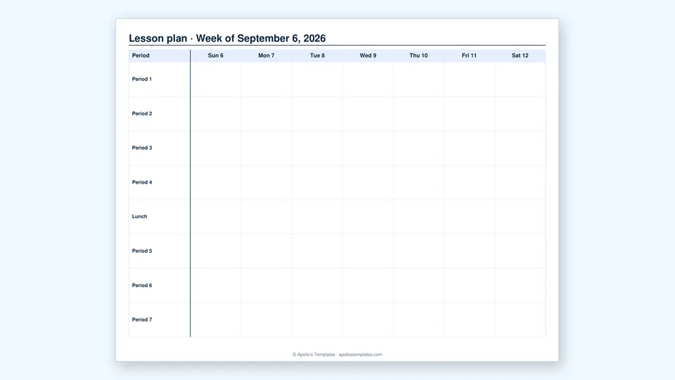 Weekly lesson plan sheet with class-period rows and a column for each school day