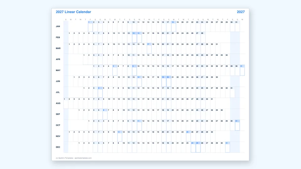 Linear calendar with every month as a horizontal row and weekends aligned in shaded vertical stripes