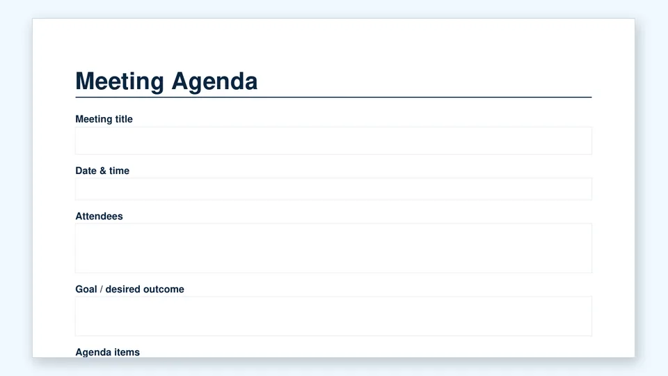 Meeting agenda sheet with title, date and time, attendees, goal and agenda-item fields