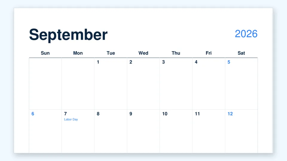 Single-month calendar with the dates filled in, US holidays marked and a fillable event box on every day