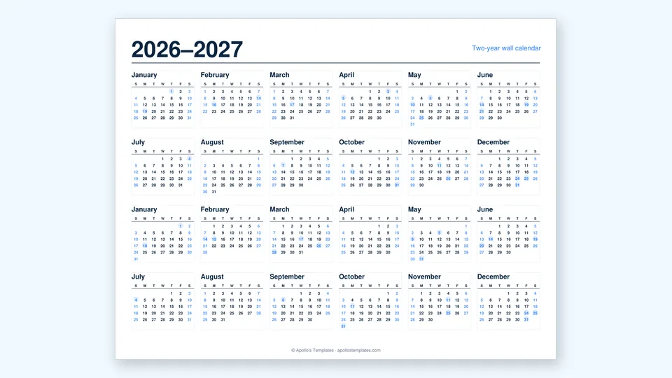 Two-year wall calendar with two full years of months on one landscape sheet