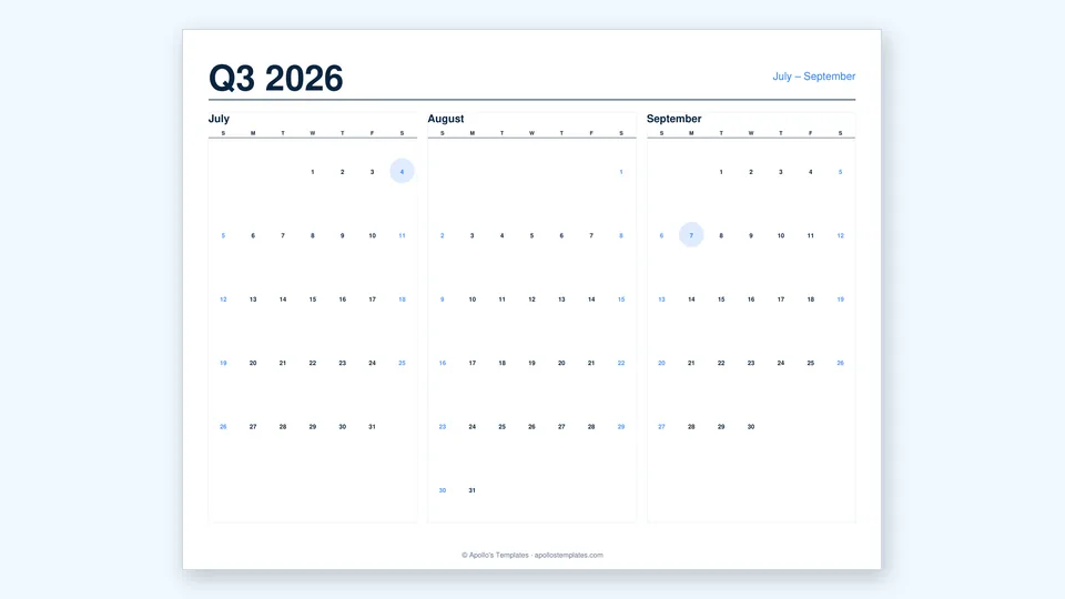Quarterly calendar with three months side by side on one landscape page