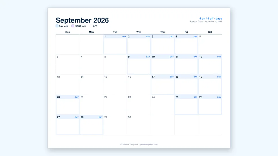 Shift work calendar with a rotating shift pattern color-coded across the month