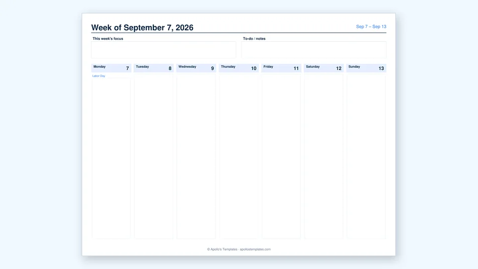 Weekly planner page with one column per day plus weekly focus and to-do boxes