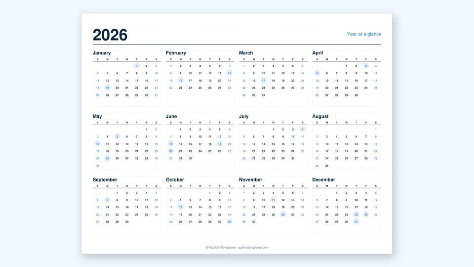 All twelve months of the year as small grids on a single page with US holidays shaded
