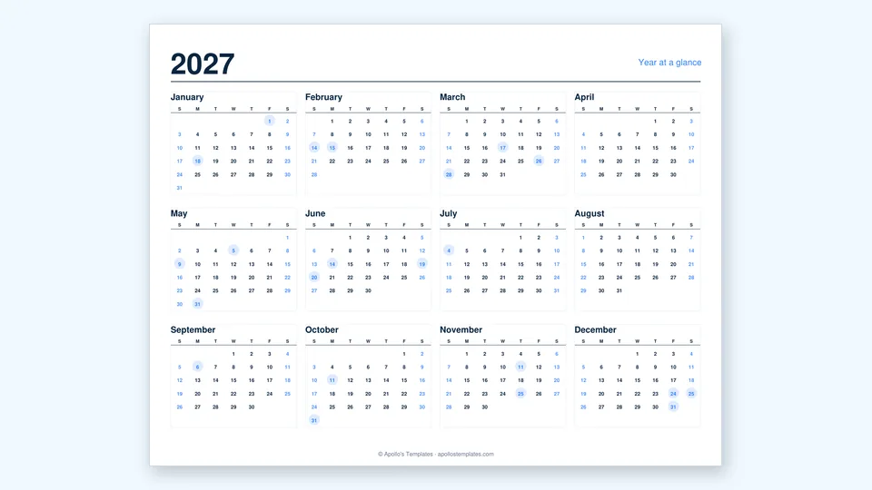Printable 2027 calendar with all twelve months on one sheet and holidays marked