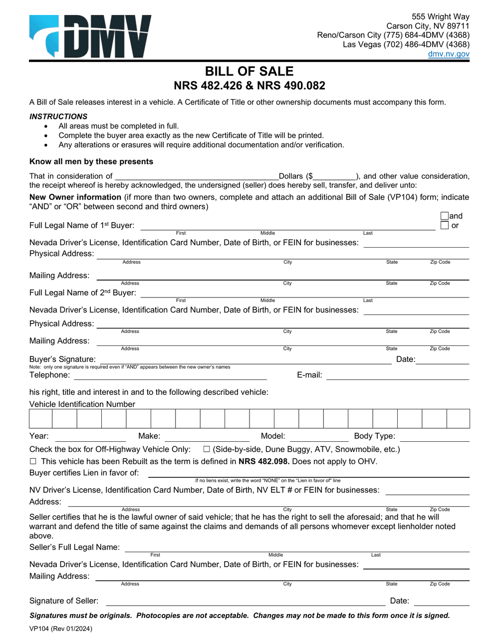 Nevada DMV Form VP-104, first page — VIN and buyer and seller signature lines