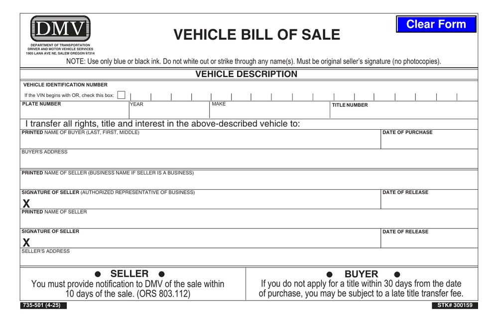 Oregon Department of Transportation Form 735-501, first page — VIN, plate number and buyer and seller signature lines