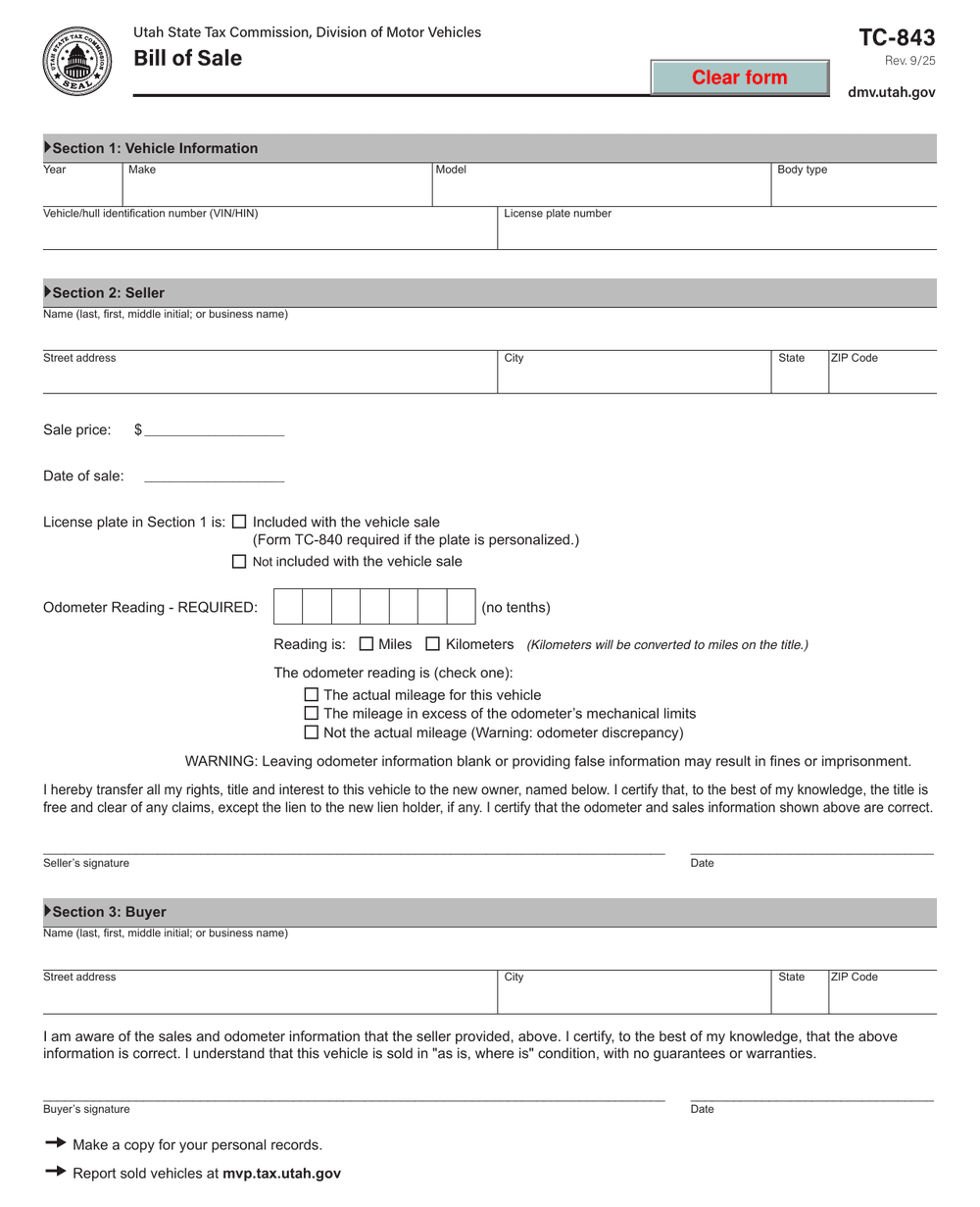 Utah Form TC-843, first page — VIN, odometer reading and plate number