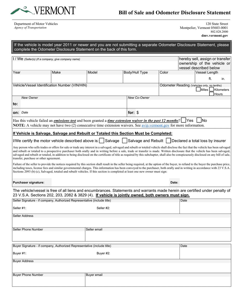 Vermont DMV Form VT-005, first page — VIN, odometer reading and sale price