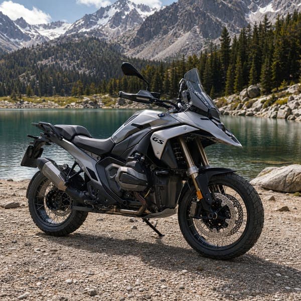 Adventure Bike, Mountain Lake jigsaw puzzle — A big adventure tourer on gravel beside a still mountain lake.