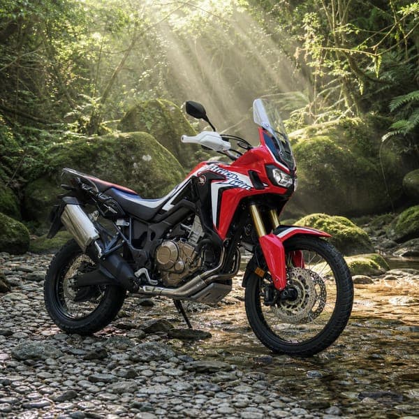 Adventure Twin, Forest Stream jigsaw puzzle — A red-and-white adventure twin beside a sunlit forest stream.