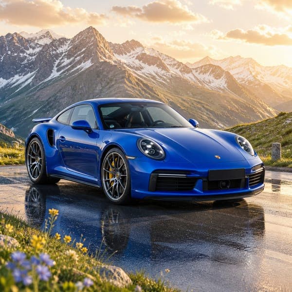 Porsche 911 Turbo S jigsaw puzzle — A Porsche 911 Turbo S on a wet alpine pass, snow peaks catching the last light.