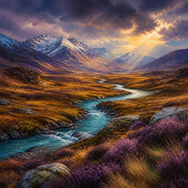 Highland River jigsaw puzzle — Textured oil-style alpine river winding through heather under storm light.