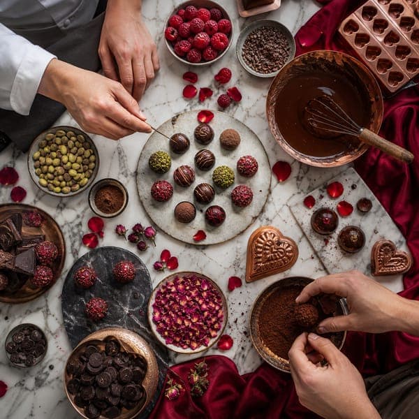Artisan Chocolates jigsaw puzzle — Chocolate-making from above — truffles, raspberries and molten bowls.