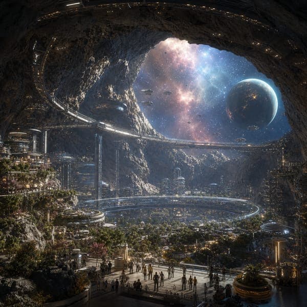 Asteroid Nebula City jigsaw puzzle — A garden city hollowed into an asteroid, open to a glowing nebula.