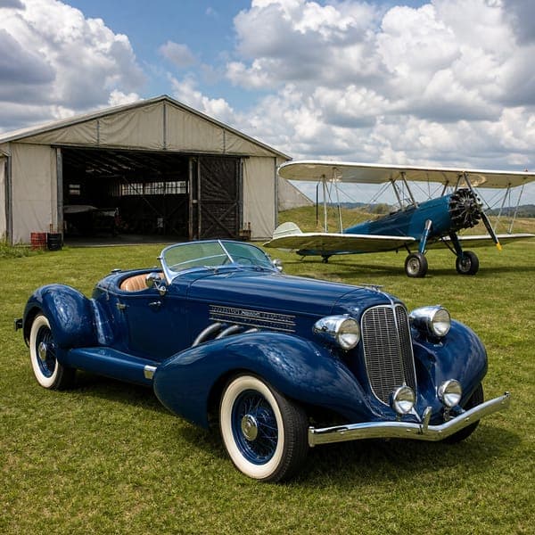 1935 Auburn Speedster jigsaw puzzle — A boat-tailed blue speedster beside a biplane on a grass airfield.