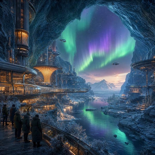 Aurora Ice City jigsaw puzzle — A warm city sheltered in a blue ice cavern under green auroras.