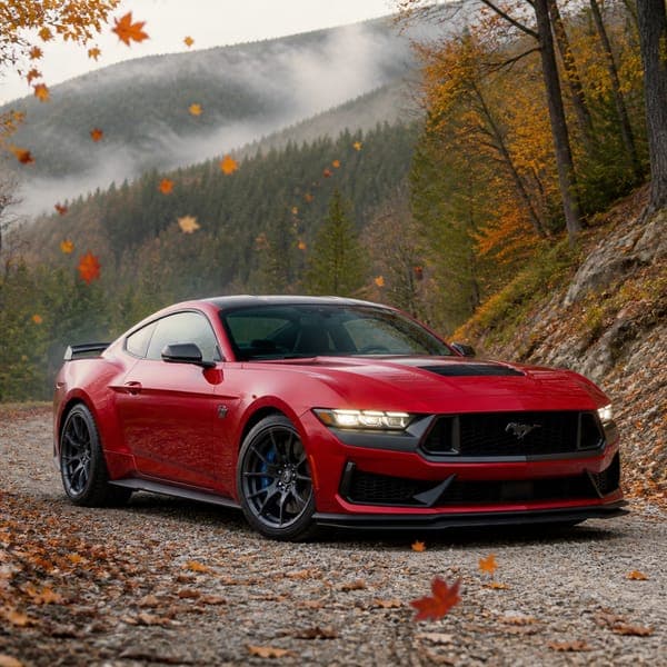 Mustang Dark Horse jigsaw puzzle — A red Mustang Dark Horse on a forest road under falling autumn leaves.