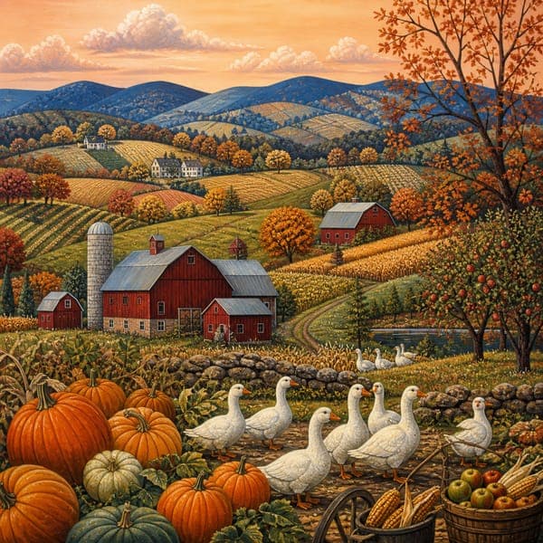 Harvest Valley jigsaw puzzle — A folk-art valley of red barns, geese and pumpkins under a patchwork of fields.