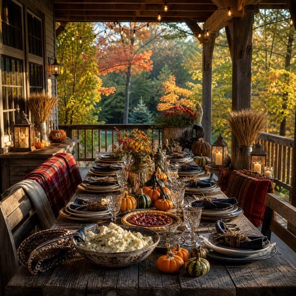 The Autumn Porch jigsaw puzzle — Thanksgiving laid out on a porch wrapped in October color.