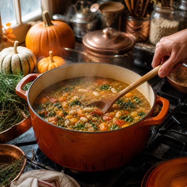 Autumn Soup Kitchen jigsaw puzzle — A copper pot of harvest vegetable soup, pumpkins and herbs all around.