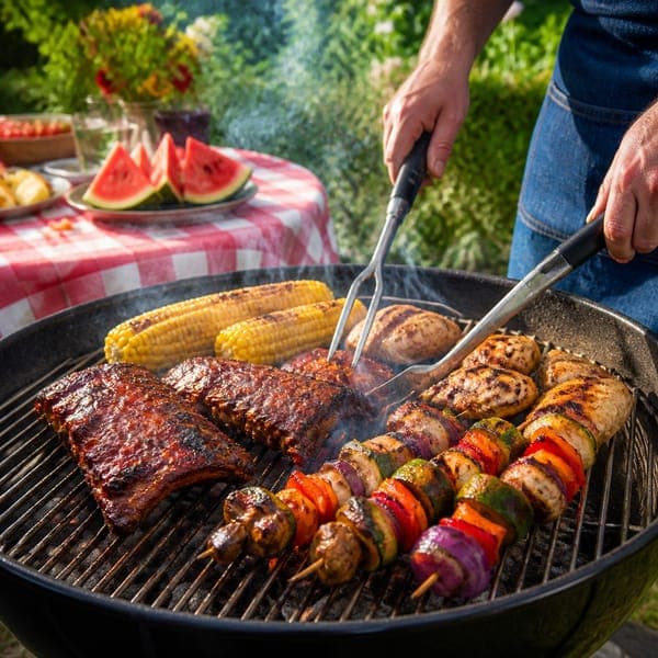 Backyard Barbecue jigsaw puzzle — Ribs, skewers and sweet corn over the coals, watermelon waiting behind.