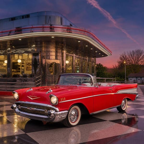 1957 Bel Air at the Diner jigsaw puzzle — Red convertible chrome and fins outside a neon diner at sunset.