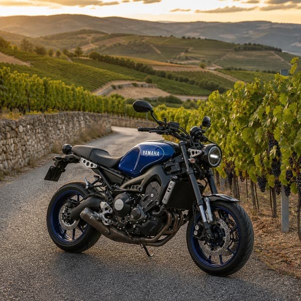 Café Racer, Vineyard Road jigsaw puzzle — A blue café racer on a road winding through terraced vineyards.