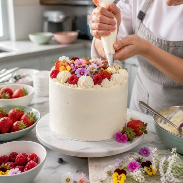 The Cake Decorator jigsaw puzzle — Piping cream onto a flower-crowned celebration cake in a pastry kitchen.