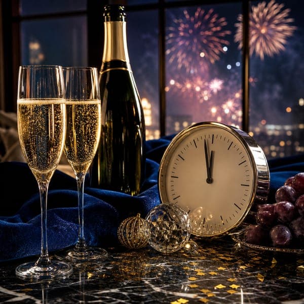 Champagne at Midnight jigsaw puzzle — Champagne, crystal and streamers as the clock hands close on twelve.