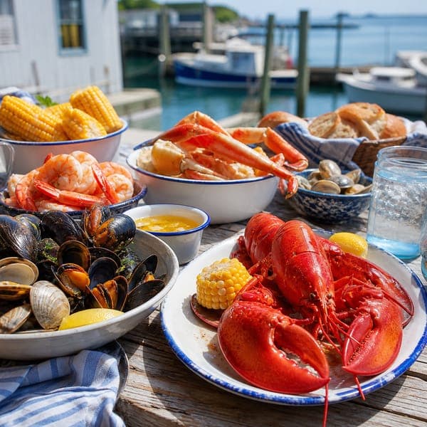 Dockside Seafood Feast jigsaw puzzle — Lobster, mussels and crab legs on a harbor table, boats bobbing beyond.