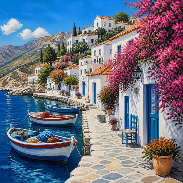 Harbour in Gouache jigsaw puzzle — A whitewashed coastal village in gouache, boats moored under bougainvillea.