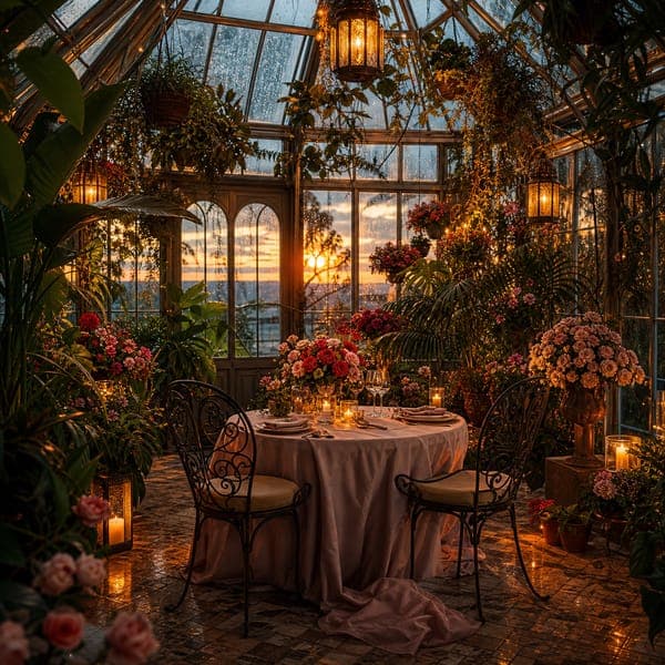 Conservatory Dinner jigsaw puzzle — Dinner inside a glasshouse of flowers as the sun goes down.