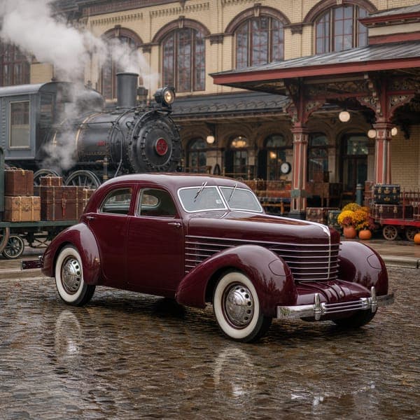 1937 Cord 812 jigsaw puzzle — Coffin-nosed Cord in maroon beside a steaming locomotive at an autumn station.