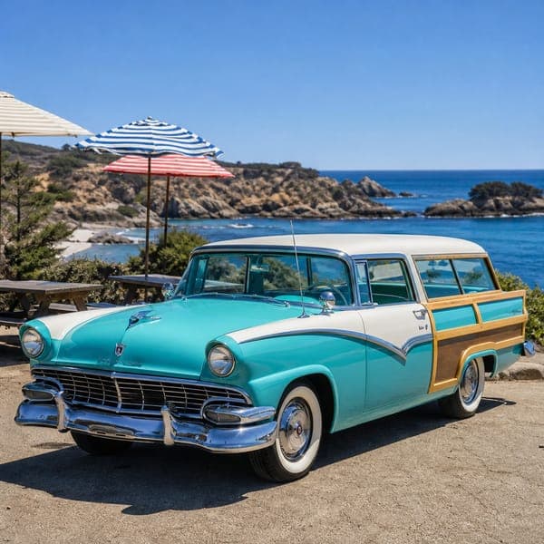 1956 Country Squire jigsaw puzzle — A turquoise-and-wood station wagon parked for a picnic above the sea.