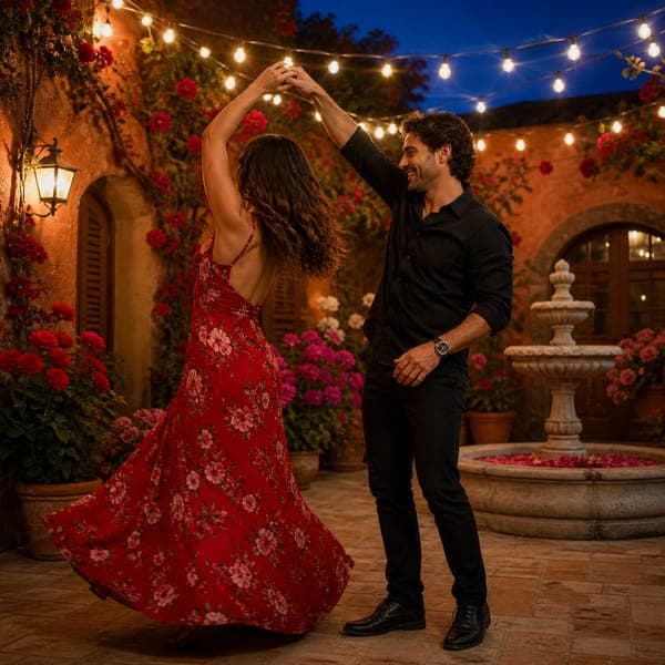 Courtyard Dance jigsaw puzzle — An evening dance under courtyard string lights and a fountain.
