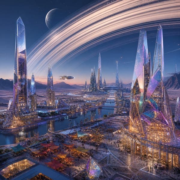 Crystal Capital jigsaw puzzle — Crystalline towers glittering beneath a planet's enormous rings.