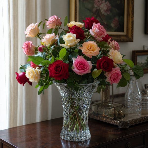 Crystal Vase Roses jigsaw puzzle — Two dozen roses in cut crystal, catching window light on a dark sideboard.