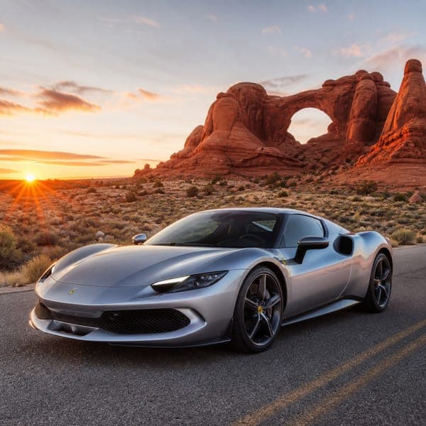 Ferrari 296 GTB jigsaw puzzle — A silver Ferrari 296 GTB on desert blacktop beneath a sandstone arch.