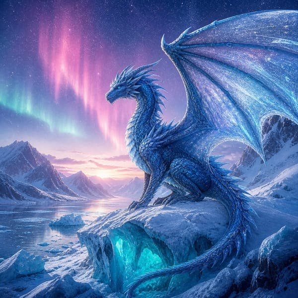 The Ice Dragon jigsaw puzzle — A sapphire ice dragon above a glacier cave, auroras over the fjord behind.