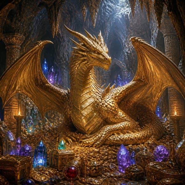 The Dragon's Hoard jigsaw puzzle — A golden dragon curled over a crystal treasure chamber deep beneath a mountain.