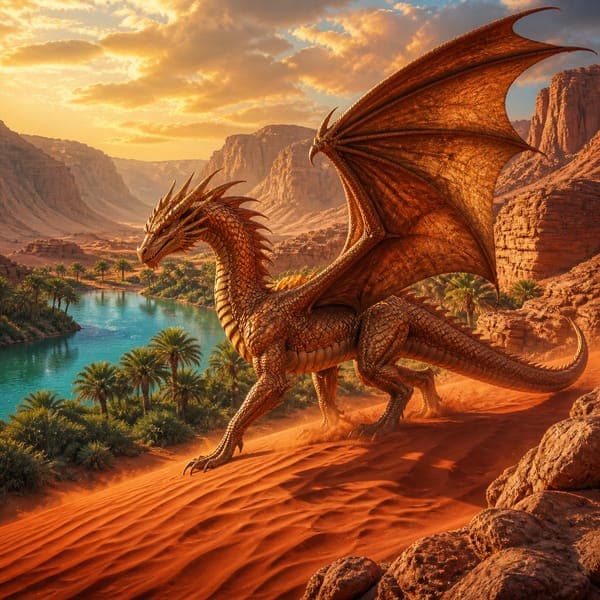 The Copper Dragon jigsaw puzzle — A copper dragon crossing red dunes above a brilliant teal oasis and sandstone canyon.