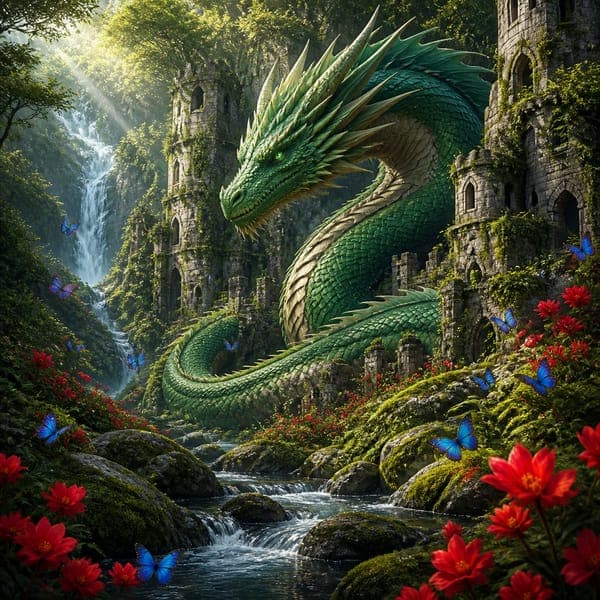 The Emerald Dragon jigsaw puzzle — A green forest dragon coiled through moss-covered castle ruins, waterfalls and butterflies.