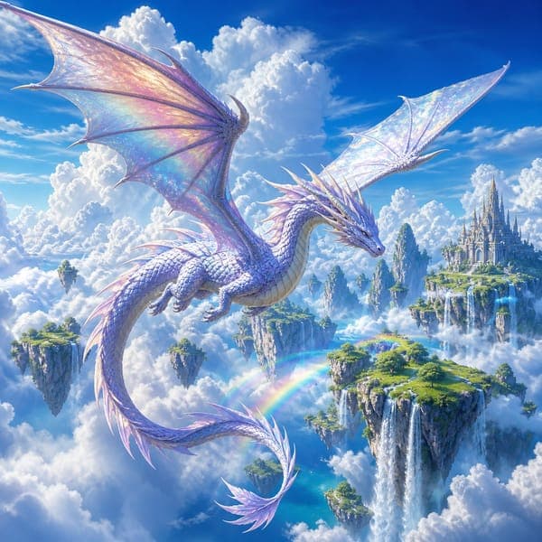 The Sky Dragon jigsaw puzzle — A pearlescent dragon flying between floating islands, waterfalls falling into cloud.
